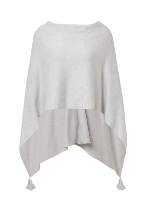 Hellgrauer Poncho aus weichem Stoff, mit einem lockeren, fließenden Design, dreieckiger Form und Quastenakzenten an den unteren Ecken.