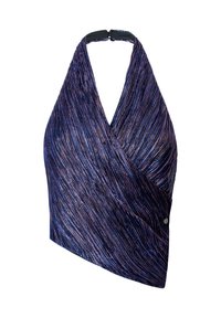 Top en style wrap en tissu texturé avec des rayures violettes et bleues. Décolleté halter avec une fermeture noire, un côté accentué par un détail de bouton.