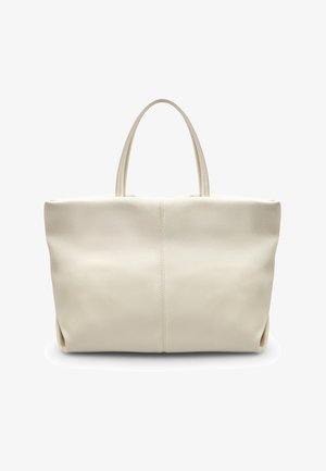 Grande borsa a mano in pelle crema con due manici rotondi, forma leggermente strutturata e dettaglio centrale con cucitura, caratterizzata da una texture liscia.