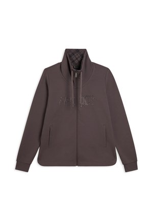 Sudadera marrón con cremallera y cuello alto, con "FRI" en piedras brillantes, dos bolsillos laterales y un forro interior con patrón.