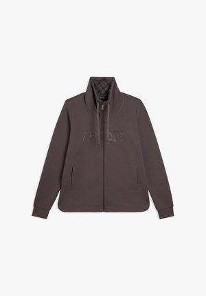 Sudadera marrón con cremallera y cuello alto, con "FRI" en piedras brillantes, dos bolsillos laterales y un forro interior con patrón.