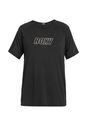 Black short-sleeve T-shirt made of soft fabric, featuring a prominent white "ROXY" logo on the front and a relaxed fit design.