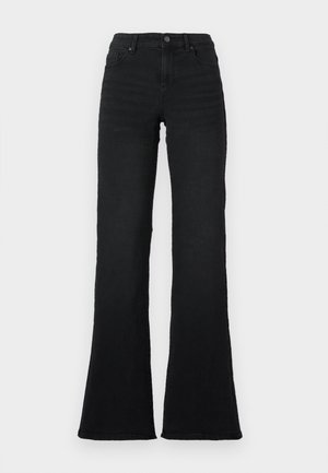 Sorte høyde midje flared jeans med frontlommer, beltesløyfer og knappeåpning mot en hvit bakgrunn.