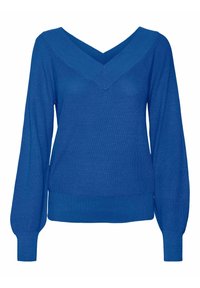 Maglione blu lavorato a maglia con scollo a V, maniche lunghe a sbuffo e dettagli a costa su polsini e orlo. Texture morbida.