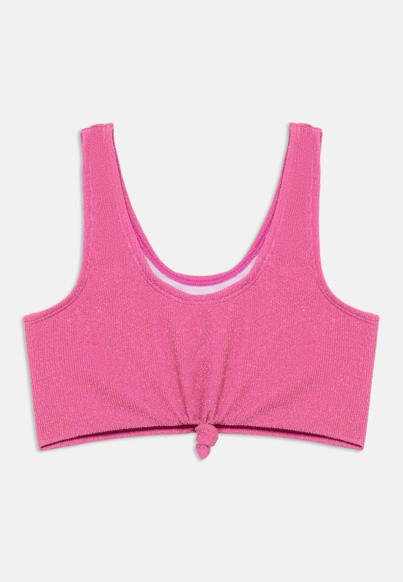 Ροζ τοπ χωρίς μανίκια με στρογγυλή λαιμόκοψη και λεπτομέρεια κόμπου στο μπροστινό μέρος, κατασκευασμένο από ριμπ ύφασμα με ελαφρώς λαμπερό φινίρισμα.
