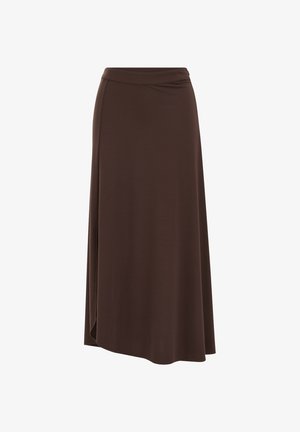 Rjava maxi krilo z oprijetim pasom in tekočo A-linijsko silhueto. Iz mehke, raztegljive tkanine z gladko teksturo. Brez opaznih vzorcev.