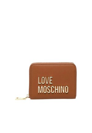 Portafoglio in pelle marrone con chiusura a zip, caratterizzato da scritta "LOVE MOSCHINO" in tono oro sul davanti. Texture liscia, forma rettangolare.