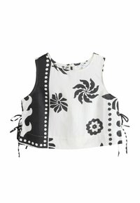 Zwart-witte cropped top met bloemachtige en spiraalpatronen, ronde halslijn en verstelbare zijknoopjes voor een betere pasvorm. Gemaakt van katoen.