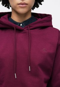 Felpa bordeaux con coulisse, caratterizzata da un piccolo logo cK ricamato. Indossata sopra una camicia di jeans scura con colletto abbottonato.
