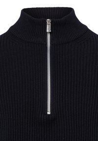 Schwarzer, gerippter Strick-Turtleneck-Pullover mit einem halben Reißverschluss und einem strukturierten Design, das Wärme und Komfort des Stoffes betont.