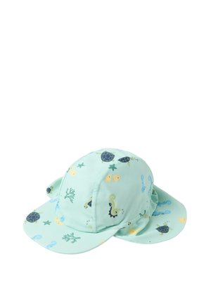 Lyseblå børne-solhat med undervandstema-prints af skildpadder, søheste, søstjerner, fisk og koral, med nakkeafdækning.