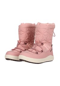 Rosa isolierte Winterstiefel mit gestepptem Obermaterial, kontrastierender weißer Sohle, runder Zehenpartie und Kordelzugverschluss. Strukturiertes Gewebe und Schnürakzente.