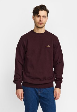 Man met bruin golvend haar, die een kastanjebruine trui met een klein geel autologo en blauwe jeans draagt, staand tegen een witte achtergrond.