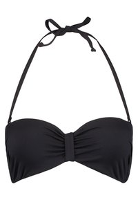 Czarny top bikini bandeau z marszczonym detalem na środku oraz odpinanymi ramiączkami na szyję do regulacji dopasowania. Gładki materiał o matowym wykończeniu.