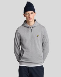 Gray hooded sweatshirt with a front pocket, drawstring closure, and a yellow logo. Accompanied by a navy ribbed beanie.