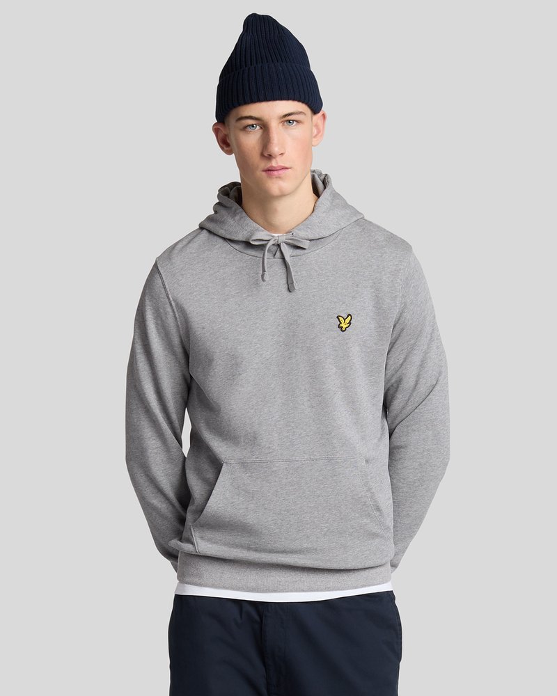 Gray hooded sweatshirt with a front pocket, drawstring closure, and a yellow logo. Accompanied by a navy ribbed beanie.