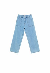 Vaaleansiniset leveälahkeiset farkut, joissa on korkea vyötärö, etupainike, vetoketju ja suuret suorakaiteen muotoiset etutaskut.