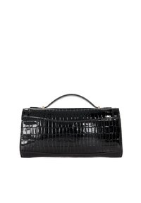 Black crocodile-embossed faux leather handbag with a structured shape, top handle, and glossy finish; features subtle stitching detail.