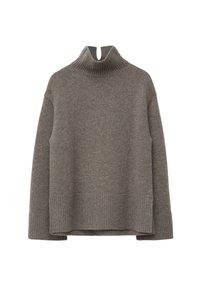 Grauer Pullover mit hohem geripptem Kragen, überschnittenen Schultern und geripptem Saum. Hergestellt aus weichem Material mit lockerer Form und minimaler Ausstattung.