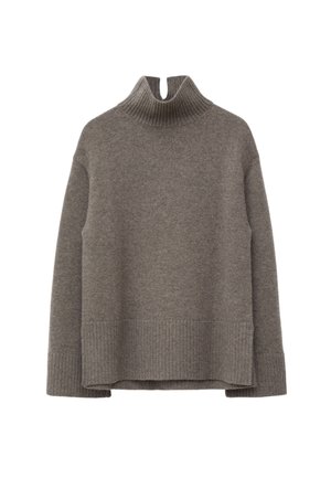 Gray sweater with a high ribbed collar, drop shoulders, and ribbed hem. Made from soft material with a relaxed shape and minimal detailing.