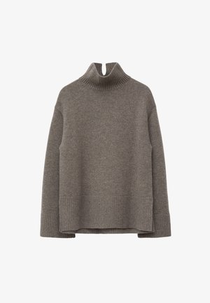 Gray sweater with a high ribbed collar, drop shoulders, and ribbed hem. Made from soft material with a relaxed shape and minimal detailing.