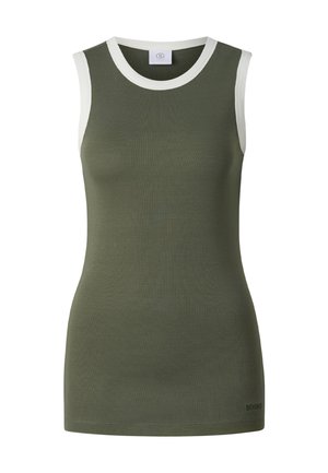 Mouwloos olijfgroen tanktop met witte afwerking rond de halslijn en armopeningen, nauwsluitende pasvorm en klein logo bij de zoom.