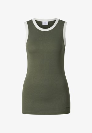 Mouwloos olijfgroen tanktop met witte afwerking rond de halslijn en armopeningen, nauwsluitende pasvorm en klein logo bij de zoom.