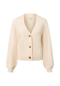 Crème-kleurige cardigan met een V-hals, lange ballonmouwen en vier bruine knopen. Gemaakt van een zachte, gestructureerde stof. Kort ontwerp.