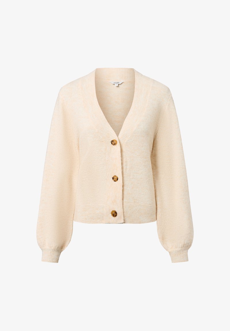 Crème-kleurige cardigan met een V-hals, lange ballonmouwen en vier bruine knopen. Gemaakt van een zachte, gestructureerde stof. Kort ontwerp.
