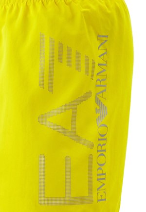 Bright yellow fabric with large dotted Emporio Armani logo and text in silver-gray on the side.