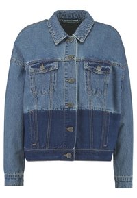 Denim jacket featuring a color-blocked design with light and dark blue tones. It has a classic collar, button front, and two chest pockets.