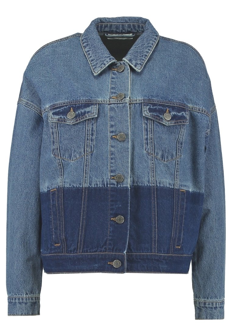 Denim jacket featuring a color-blocked design with light and dark blue tones. It has a classic collar, button front, and two chest pockets.