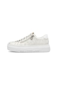 Baskets en cuir blanc avec une finition texturée, dotées d'une fermeture éclair sur le côté, de lacets ronds et d'une semelle en caoutchouc épaisse avec un motif strié.