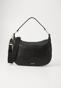 Black leather handbag with a curved shape, gold hardware, and a detachable shoulder strap. Features a zip closure and embossed brand logo.