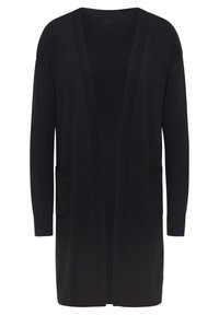 Dlouhý černý otevřený kardigan s dvěma předními kapsami a žebrovanými manžetami a lemem, vyrobený z měkké pleteniny.