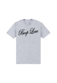 Šedé tričko vyrobené z bavlny, s krátkými rukávy a kulatým výstřihem, na přední straně s nápisem "Boop Love" v černém kurzivním písmu.