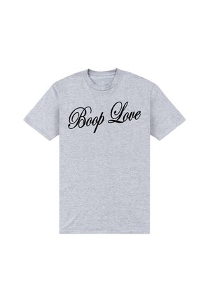 Grå t-shirt lavet af bomuld med korte ærmer og rund hals, med teksten "Boop Love" i sort kursiv skrift over fronten.