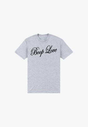 Graues T-Shirt aus Baumwolle mit kurzen Ärmeln und Rundhalsausschnitt, versehen mit dem Text "Boop Love" in schwarzer, geschwungener Schrift auf der Vorderseite.