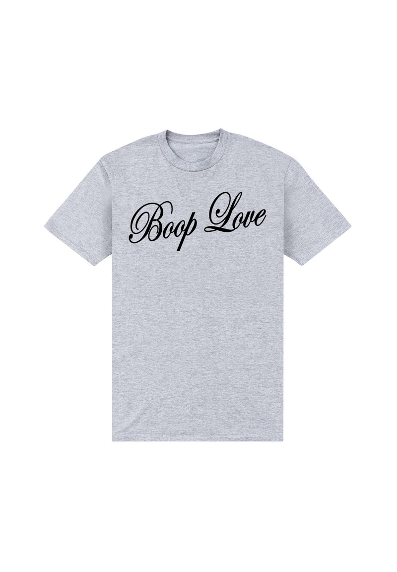 Šedé tričko vyrobené z bavlny, s krátkými rukávy a kulatým výstřihem, na přední straně s nápisem "Boop Love" v černém kurzivním písmu.