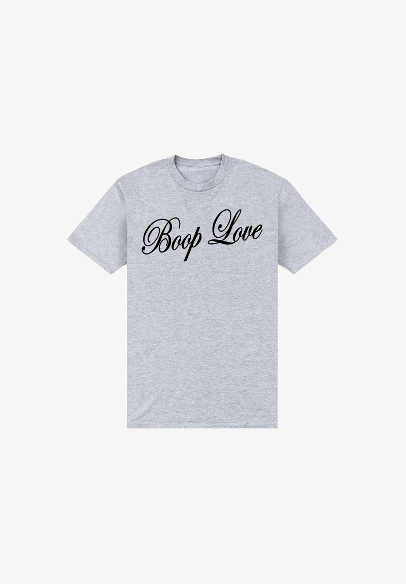 Šedé tričko vyrobené z bavlny, s krátkými rukávy a kulatým výstřihem, na přední straně s nápisem "Boop Love" v černém kurzivním písmu.