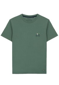 T-shirt in cotone verde con scollo a girocollo. Presenta una piccola stampa di una persona in bicicletta con una pianta. Design semplice, maniche corte, vestibilità rilassata.