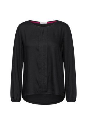 Blusa nera a maniche lunghe con scollatura rotonda, dettaglio di piega frontale e tessuto testurizzato. Presenta un orlo curvo e polsini elasticizzati.