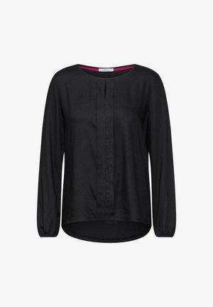 Czarna bluzka z długim rękawem, okrągłym dekoltem, frontowym detalem w postaci zakładki oraz teksturowanym materiałem. Posiada zaokrąglony dół i elastyczne mankiety.