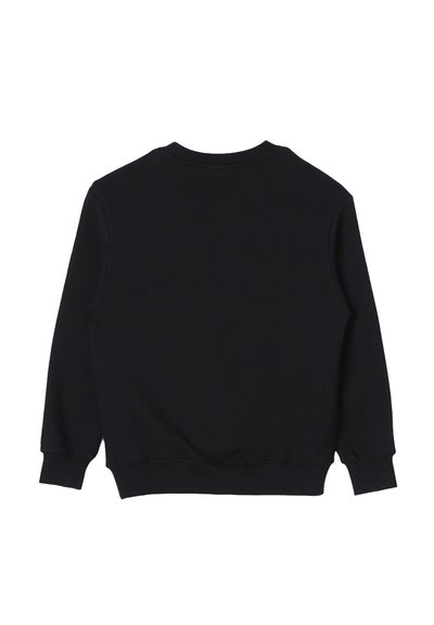 Felpa nera, collo rotondo, maniche lunghe, realizzata in tessuto morbido. Presenta polsini e orlo a coste, texture liscia, senza loghi o motivi visibili.