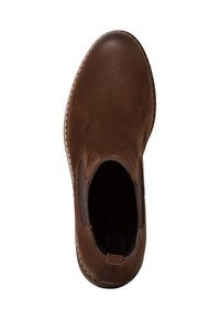Bottines en cuir marron avec une finition lisse, des panneaux latéraux élastiques et une semelle cousue pour la durabilité. Design à bout rond, accents minimalistes.