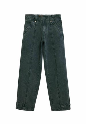 Pantalones de mezclilla verdes con un corte relajado, que cuentan con costuras frontales prominentes, dos bolsillos frontales y detalles de costura en contraste.
