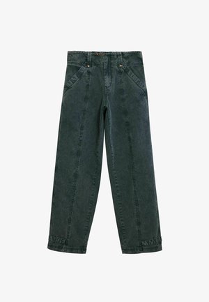 Pantaloni in denim verde con una vestibilità rilassata, caratterizzati da cuciture frontali prominenti, due tasche anteriori e dettagli di cucitura a contrasto.