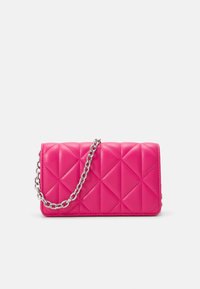 Quilted pink faux leather handbag with a silver chain strap and diamond pattern. Compact rectangular shape. Smooth texture.