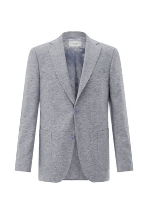 Hellgrauer strukturierter Herrenblazer mit Revers, zwei Knöpfen, aufgesetzten Taschen und gemustertem Innenfutter.