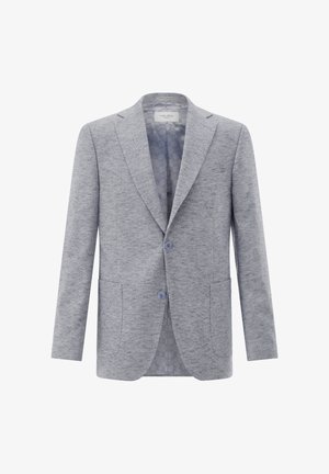 Hellgrauer strukturierter Herrenblazer mit Revers, zwei Knöpfen, aufgesetzten Taschen und gemustertem Innenfutter.